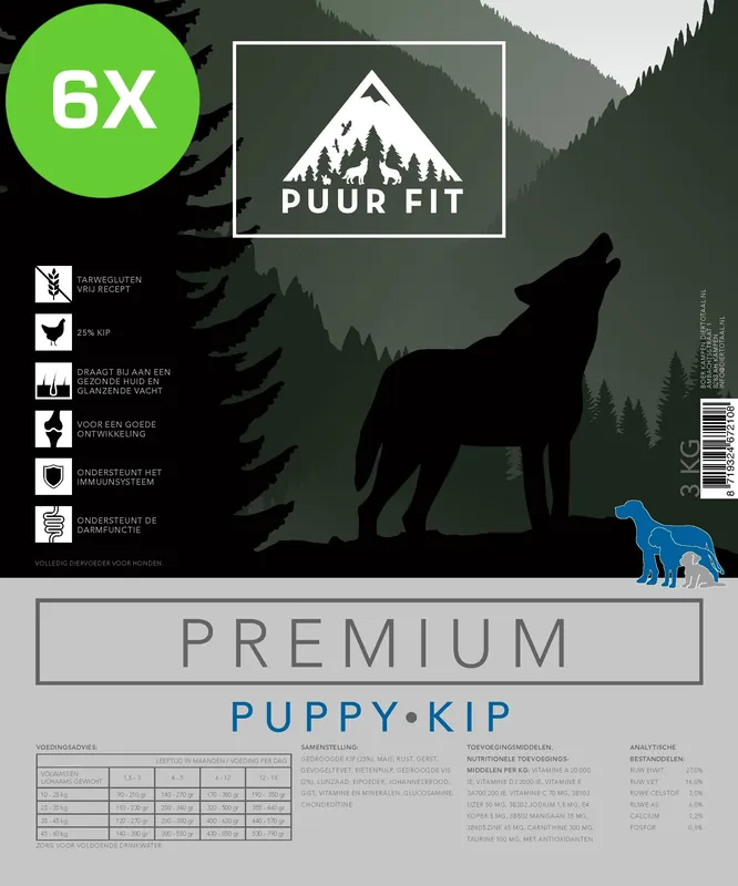 6x Puur Fit Premium Puppy Middel en Grote Rassen Kip 12kg Beperkt Aanbod