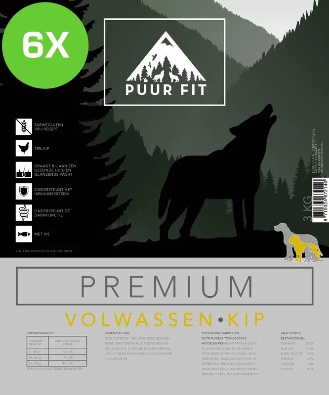 6x Puur Fit Premium Volwassen Kip Middel 12 kg Populair