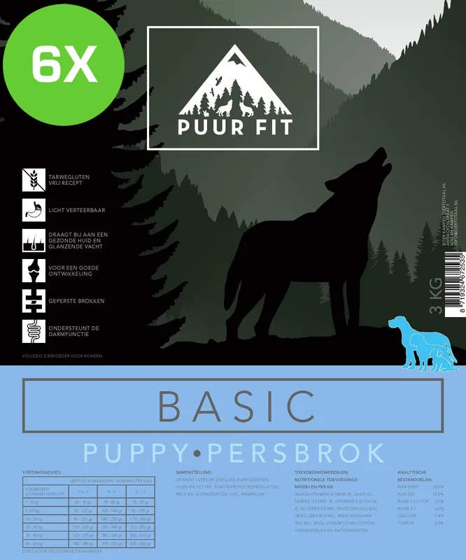 6x Puur Fit Basic Puppy Persbrok 17,5 kilo Dagaanbieding