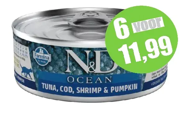 Farmina N&D Kat Ocean Tonijn, Kabeljauw, Garnalen & Pompoen Adult 80 gram Flitsaanbieding