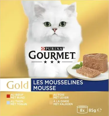 Gourmet Gold mousse multipack lever, kalkoen & rund 8 x 85g Flitsaanbieding