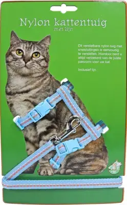 Nylon kattentuig met lijn en stiksel, lichtblauw Laatste Kans