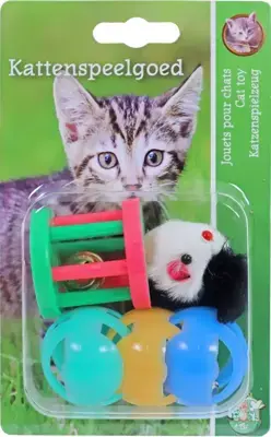 Snelle Levering Boon kattenspeelgoed blister à 3 plastic bal, klos en muis