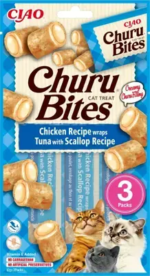 Beperkte Voorraad Inaba Churu Bites kip, tonijn & jakobsschelp 30g