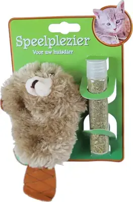 Kattenspeelgoed op kaart pluche bever met catnip vulbaar, 17 cm. Seizoensaanbieding