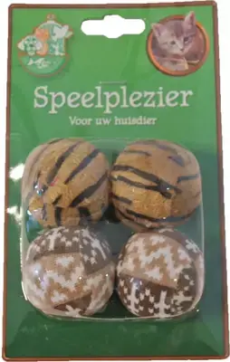 Hoge Kwaliteit Kattenspeelgoed blister à 4 pluche rammelbal, bruin.