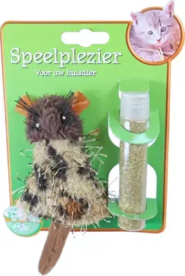 Dagaanbieding Kattenspeelgoed op kaart pluche muis bruin met catnip vulbaar, 16 cm.