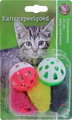 Boon kattenspeelgoed blister à 2 bal met bel en 3 gekleurde muis Snelle Levering