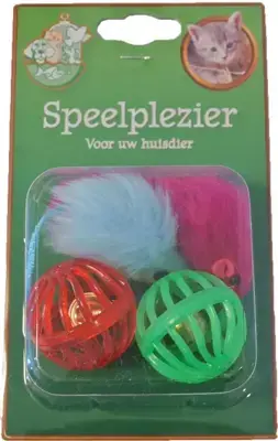 Actieprijs Kattenspeelgoed blister à 2 plastic bal en 2 bontmuis 5 cm