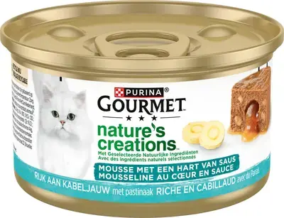 Alleen Vandaag GOURMET Nature‘s Creations Mousse met een Hart van Saus, Rijk aan Kabeljauw met pastinaak, nat kattenvoer, 85g
