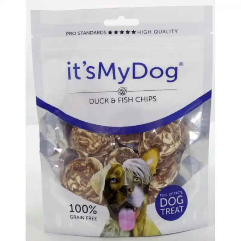 Rechtstreeks Van De Fabrikant It‘s My Dog Vis & Eend Chips 85 gram