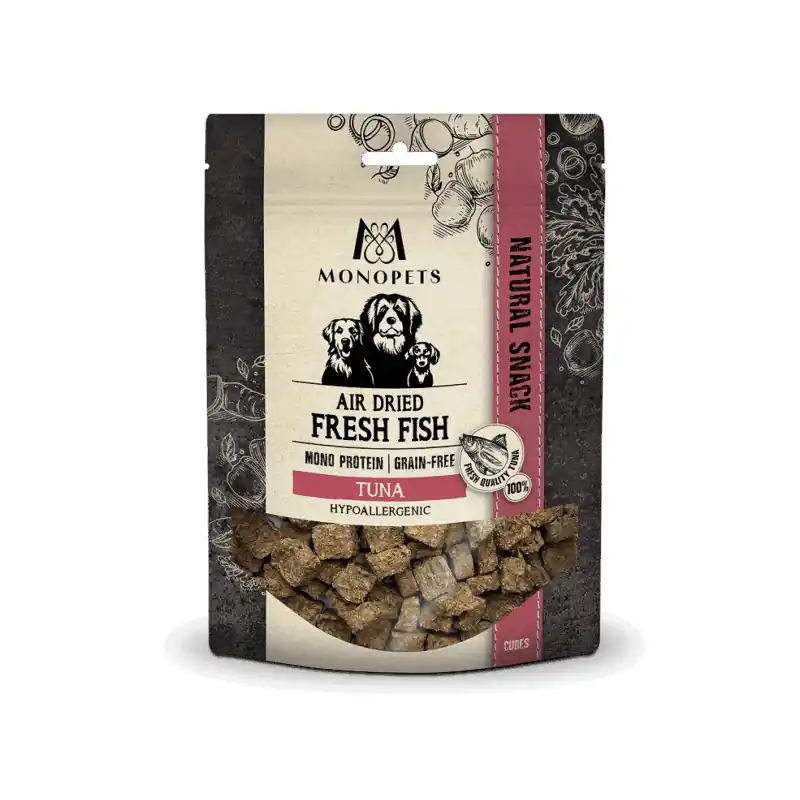 Laatste Kans Monopets Snack Lucht Gedroogd Verse Tonijn Cubes Small/Medium Hypoallergeen 150 Gr