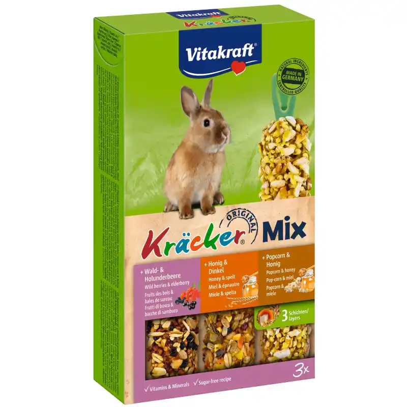 Vitakraft Kracker Mix 3 in 1 Konijn Bosbessen/ Honing/ Popcorn Exclusieve Aanbieding