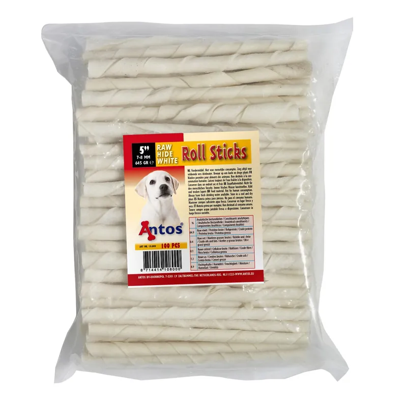 Snelle Levering Antos Rawhide White Roll sticks 13 cm 7-8 mm 100 st