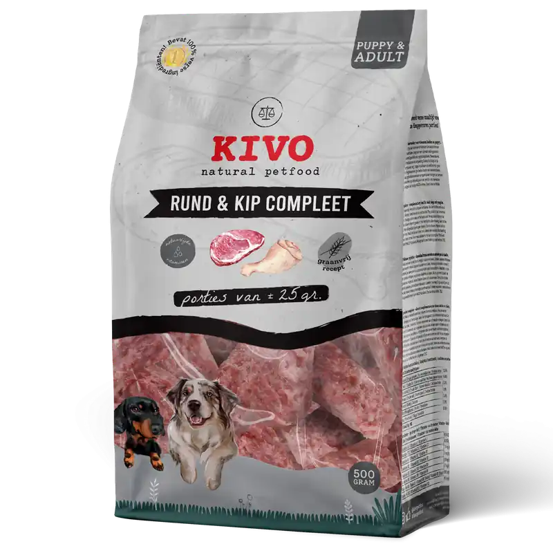 Bestseller Kivo Hondenvoer Rund & Kip Compleet Porties 500 gr