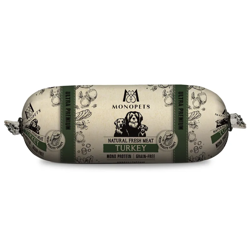 Hoge Kwaliteit Monopets Hondenvoer Fresh Meat Sausage Turkey 600 gr