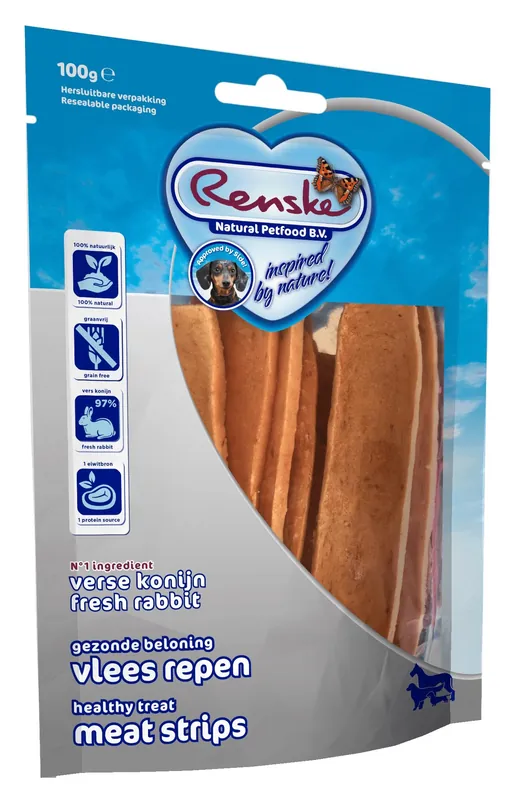 Renske Gezonde Beloning Vleesrepen Konijn 100 gr Fabrieksprijs