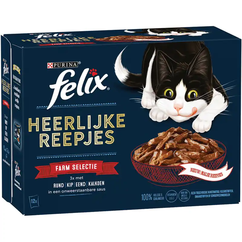 Felix kattenvoer Heerlijke Reepjes Farm Selectie 12 x 80 gr Tijdelijk Beschikbaar
