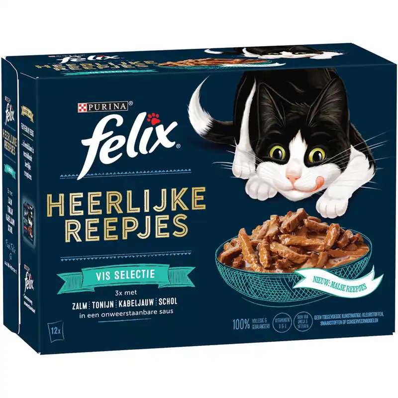 Felix kattenvoer Heerlijke Reepjes Vis Selectie 12 x 80 gr Betrouwbaar