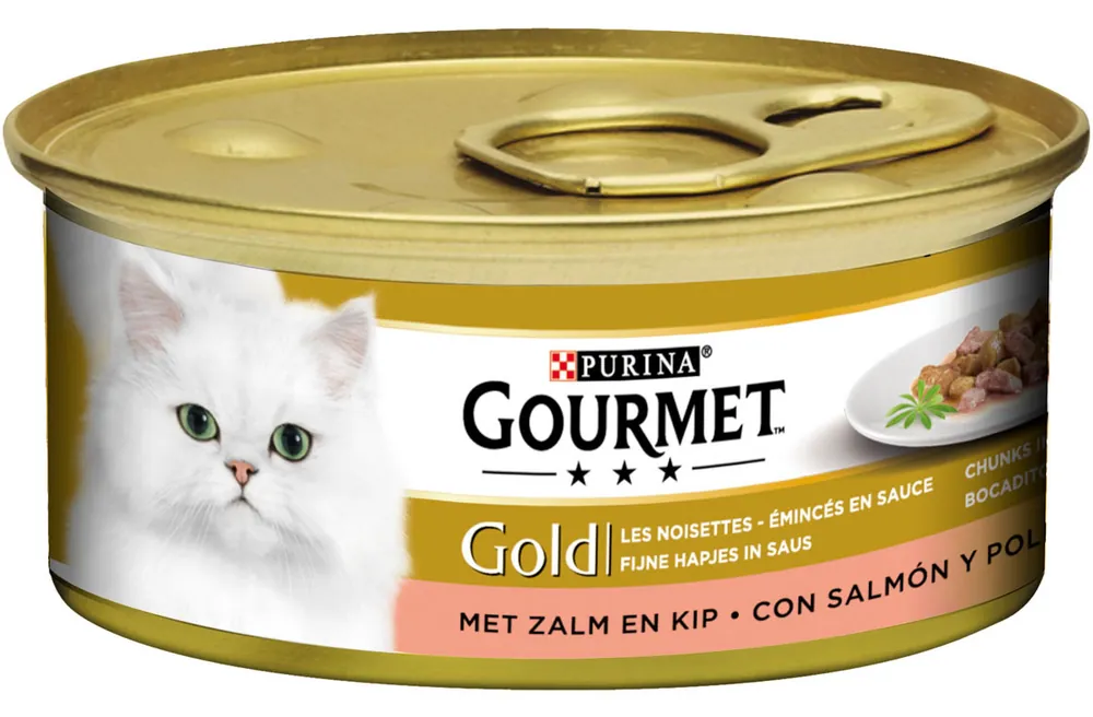 Hoge Kwaliteit Gourmet kattenvoer Gold Fijne Hapjes zalm en kip 85 gr