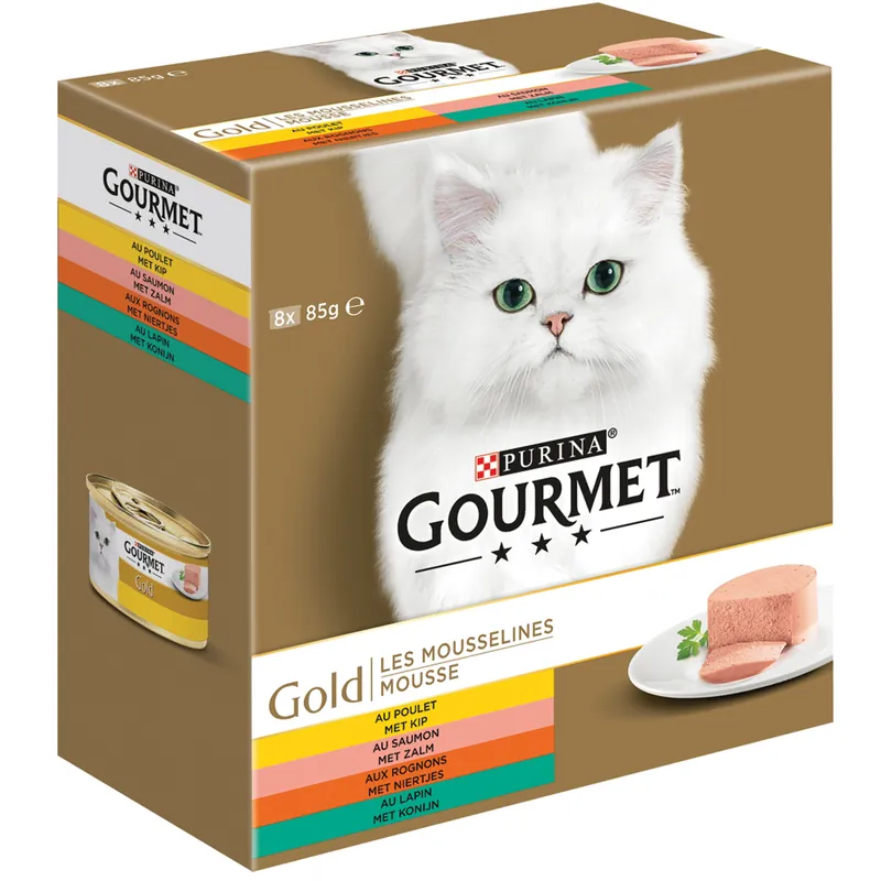 Gourmet kattenvoer Gold Mousse kip, zalm, konijn 8 x 85 gr Uitverkoop