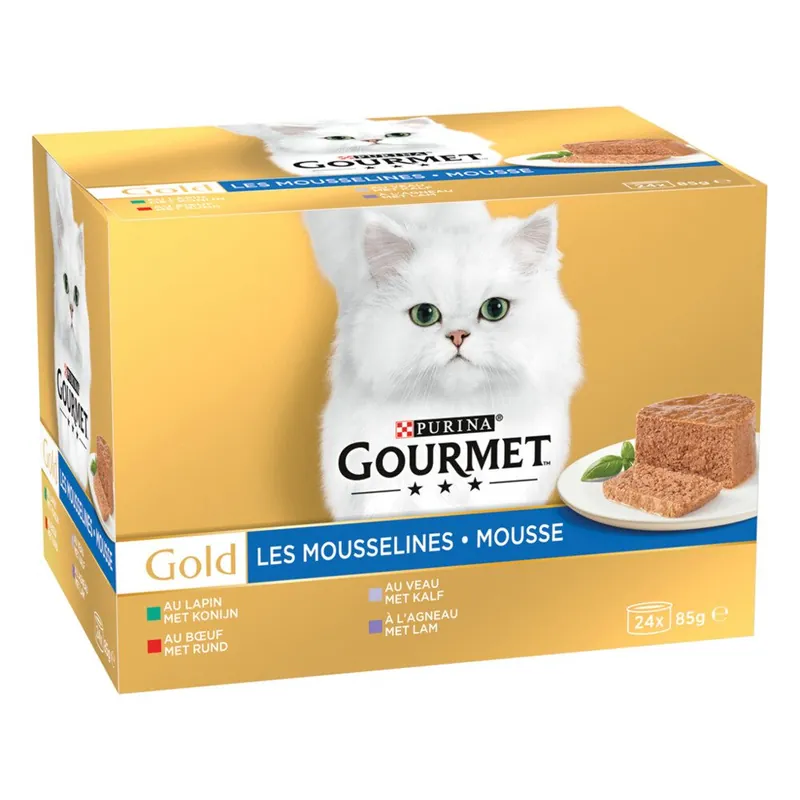 Beste Prijs Gourmet kattenvoer Gold Mousse konijn, rund, kalf, lam 24 x 85 gr