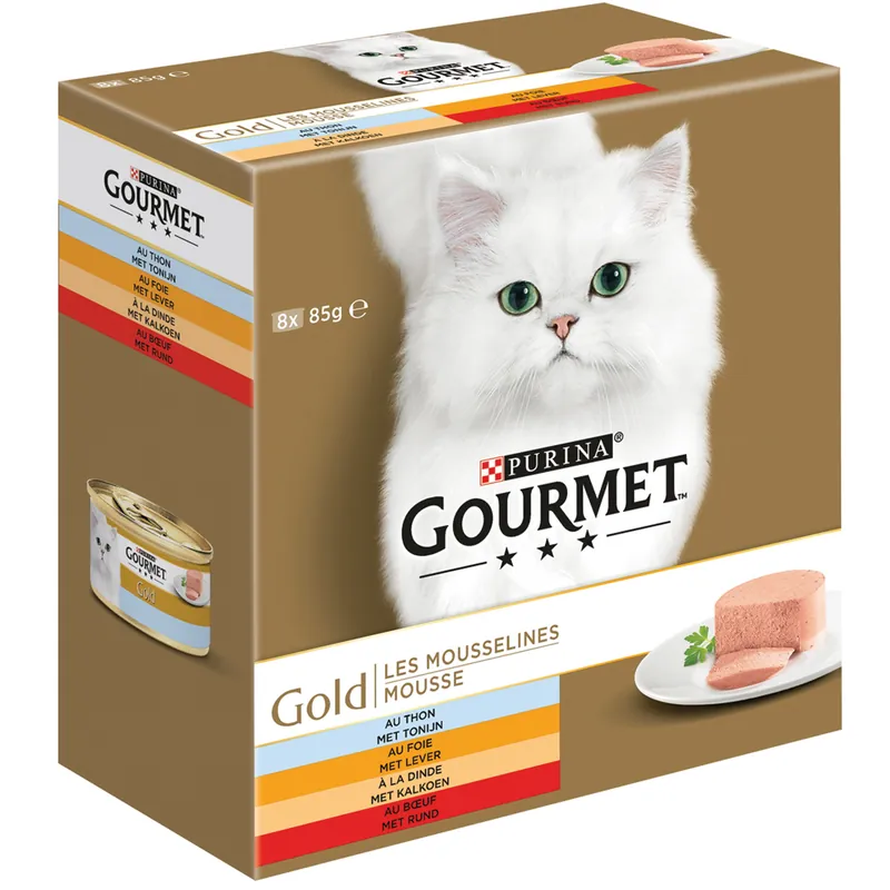 Gourmet kattenvoer Gold Mousse tonijn, kalkoen, rund 8 x 85 gr Laatste Kans