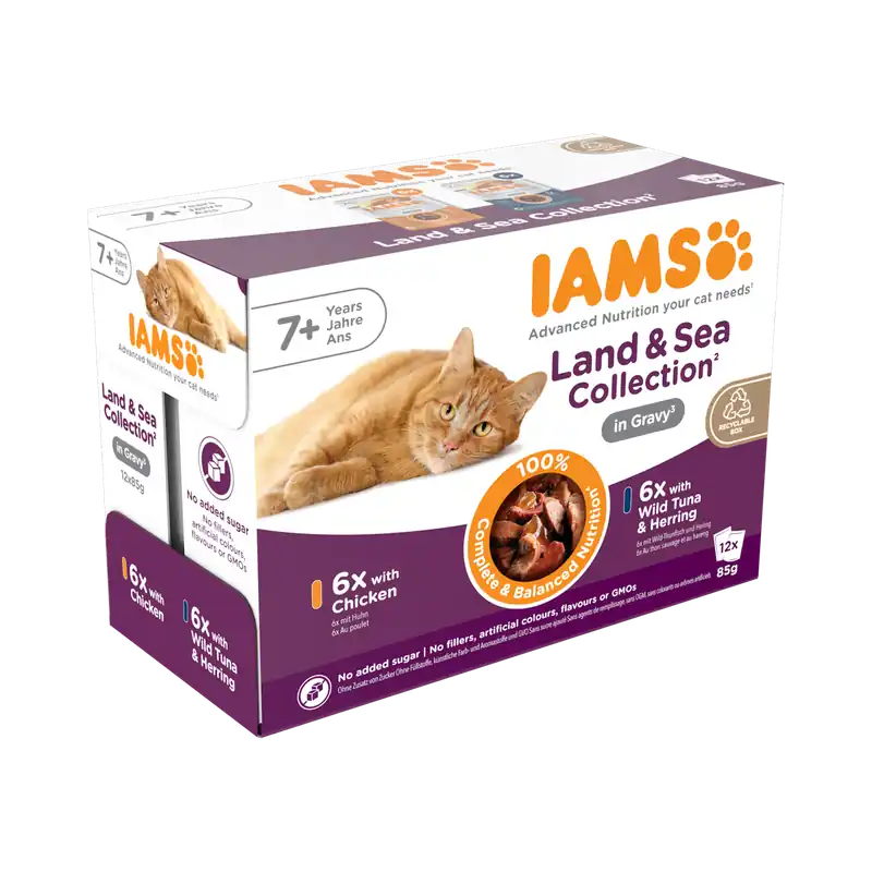Actieprijs IAMS Delights Pouch Senior Land & Sea Collectie Gravy 12 x 85 gr