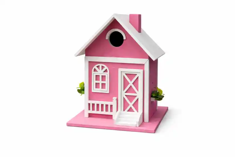 Kleurrijk houten vogelhuisje met veranda – Roze met wit dak-18,5cm x 23cm Goedkoop